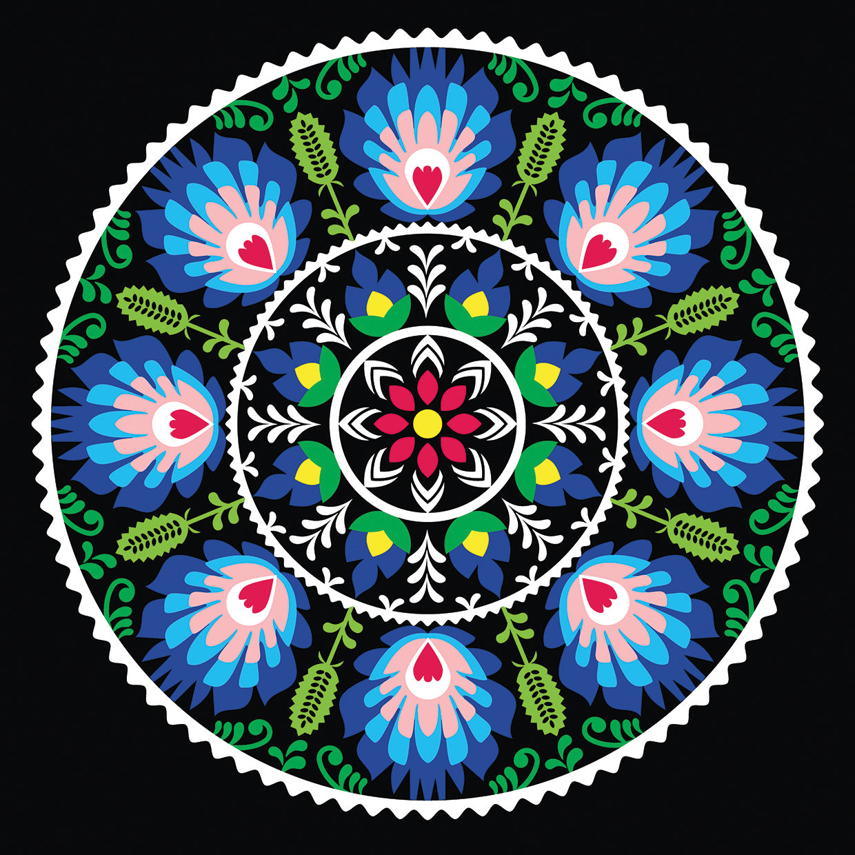 Arte de lienzo de círculo floral negro brillante