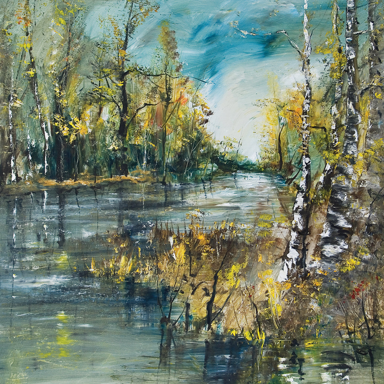 Summer Birch Riverbend by DP Gallery is a painterly and colorful landscape painting printed on canvas or framed canvas