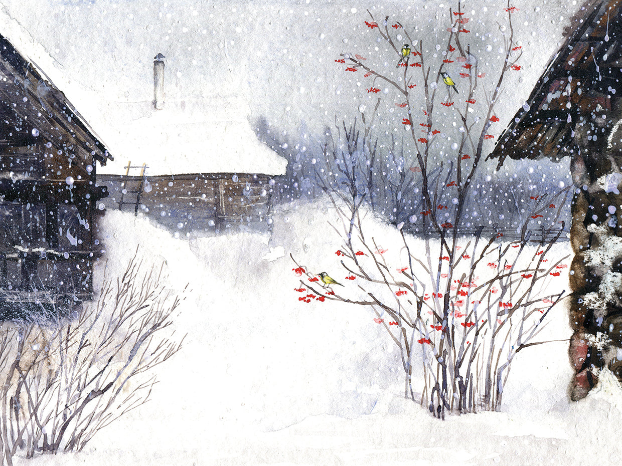 Arte de la lona del pueblo de invierno ruso rural