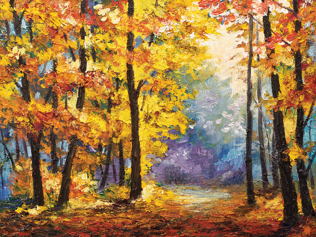 Autumn Colors River Path by DP Gallery is a painterly and colorful fall landscape painting printed on canvas or framed canvas