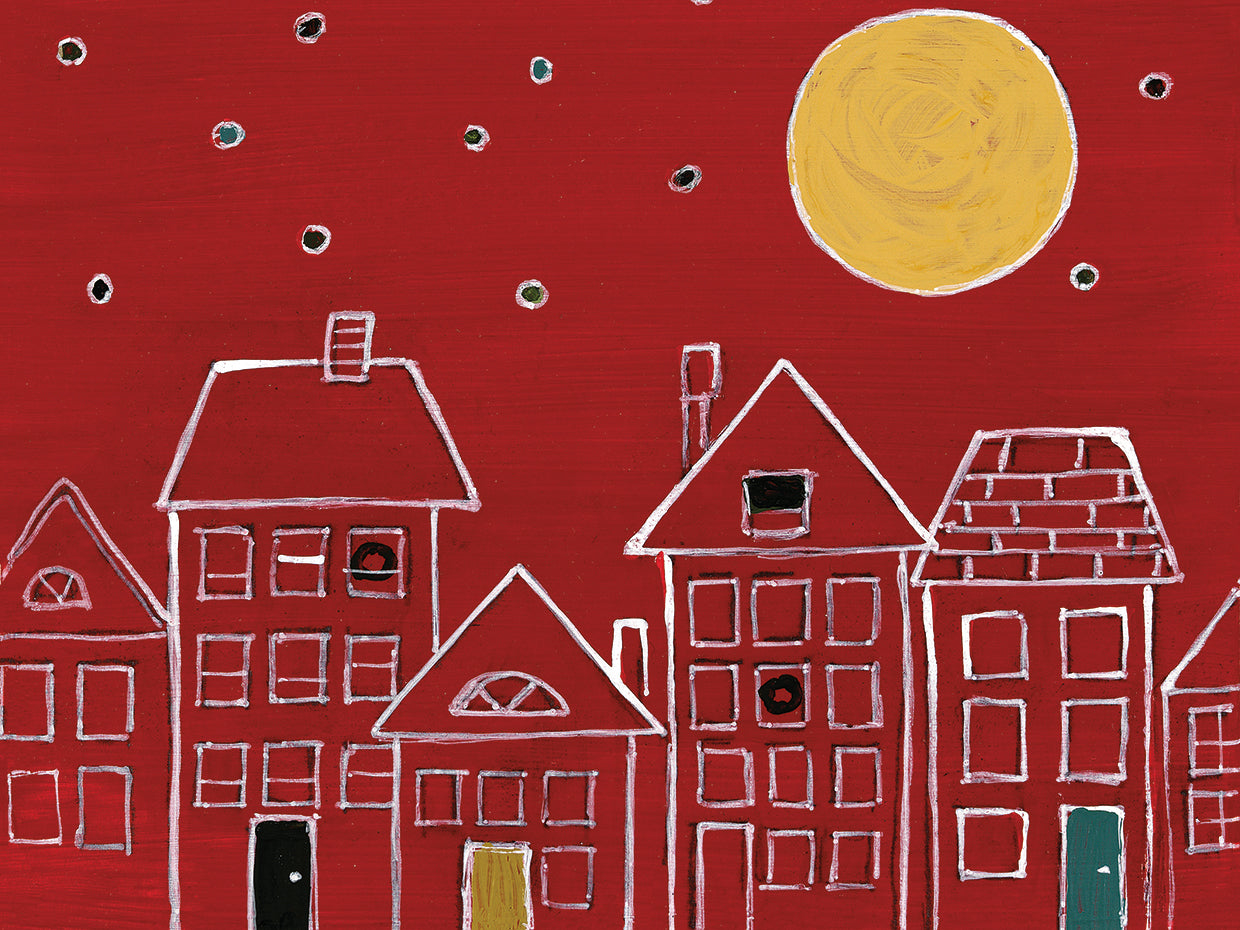 Arte de la lona de la noche de la ciudad iluminada por la luna