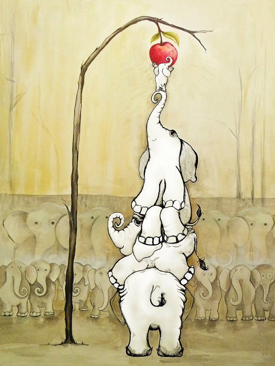 Whimsical Elephants with Red Apple