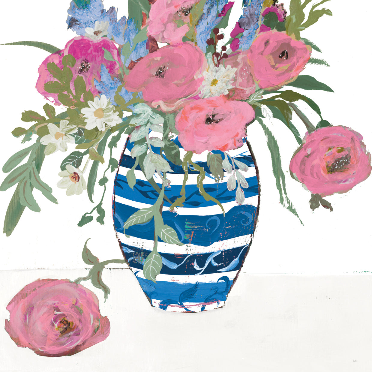 Blue Vase of Pink Roses