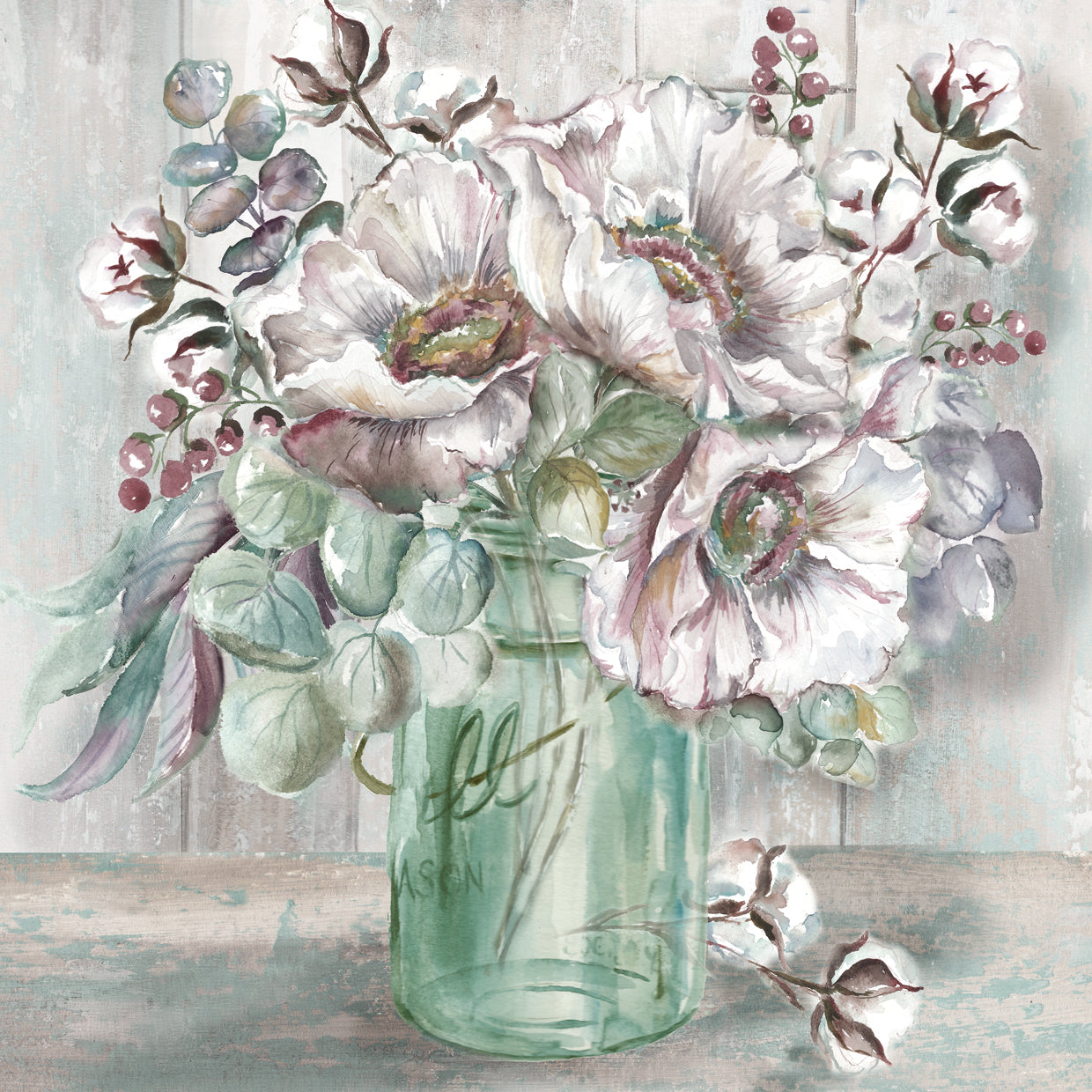 Blush Poppies y Eucalyptus en Mason Jar Lienzo