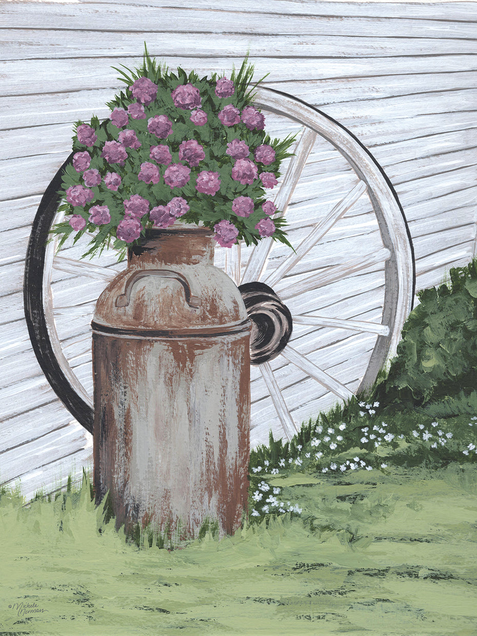 Rusted Milk Can with Wagon Wheel