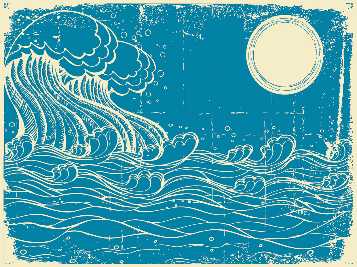 Moon Over the Ocean Retro Sketch