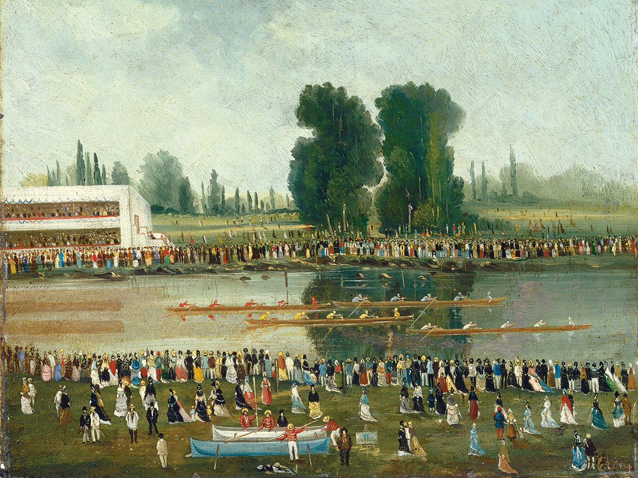 Escena de remo: multitudes mirando desde las orillas del río Lienzo