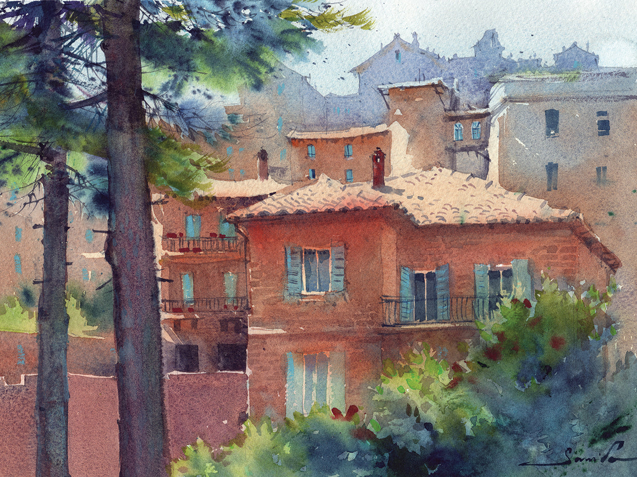Sunny City Landscape. Watercolor