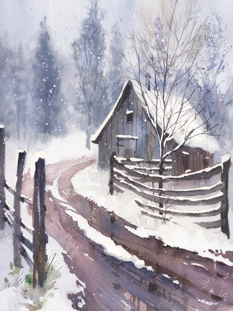 Snow Art Original Watercolor, Winter Landscape Painting