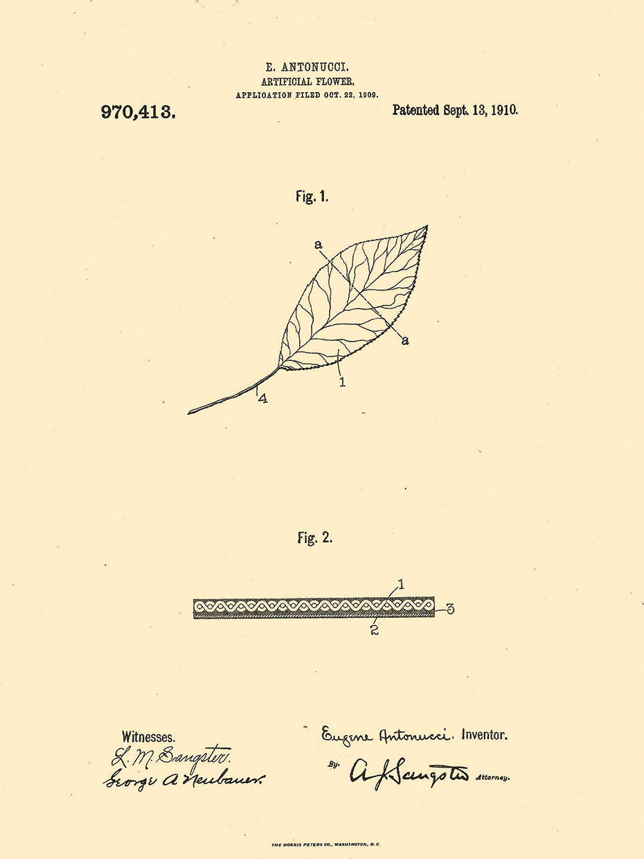Patent Artificial Flower, Inventor: William A. Warner, Sept. 13, 1910