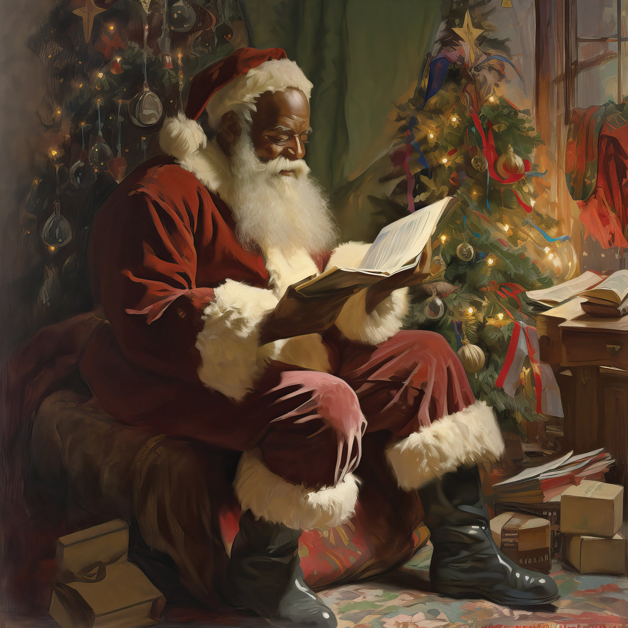 Santa Checking His List by Fire Light