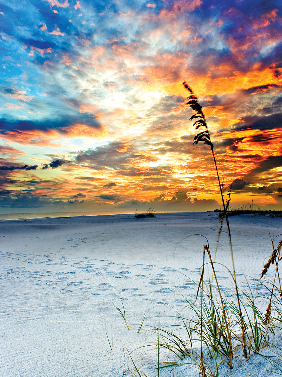 Fiery Burning Red Clouds Sunset Foot Prints Beach