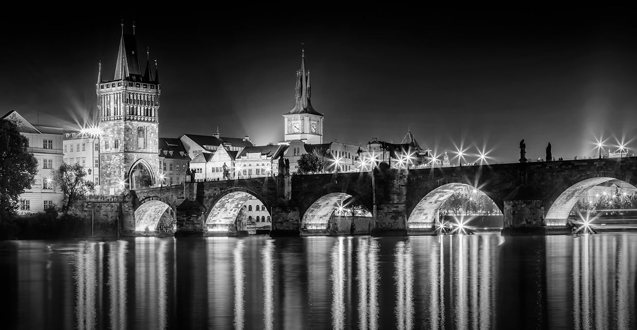 Night impression of Charles Bridge with Old Town Bridge Tower - Monochrome Panorama