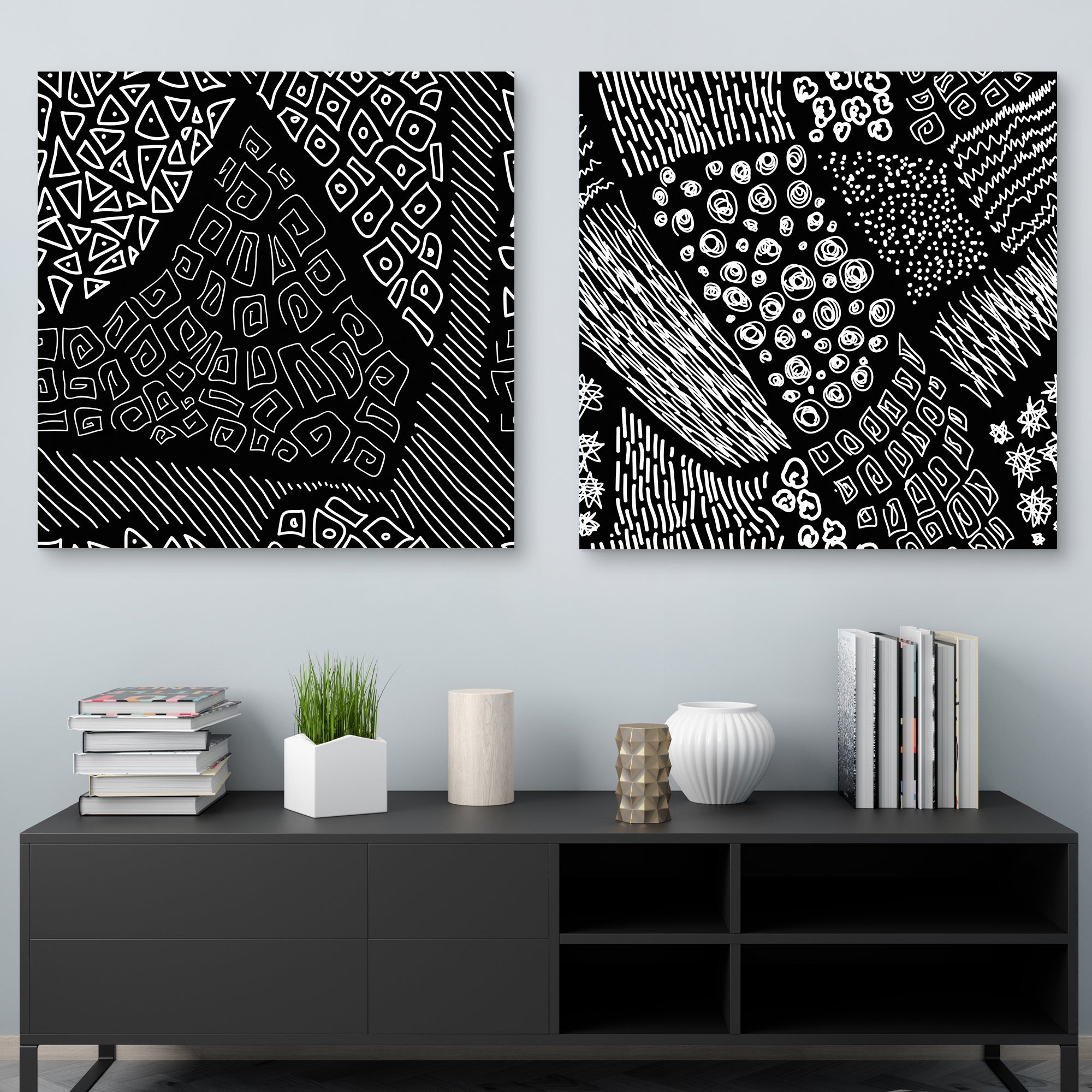 Hipsters Love Black & White on Black Line Doodles
