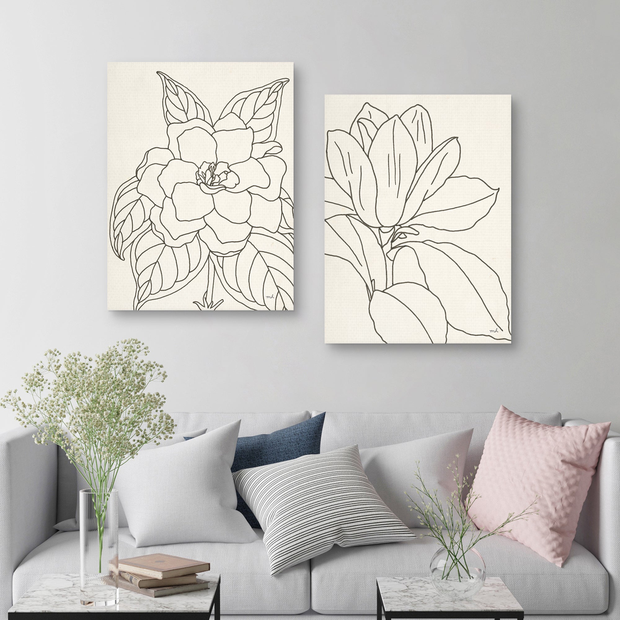 Gardenia & Magnolia Line Drawing Crop