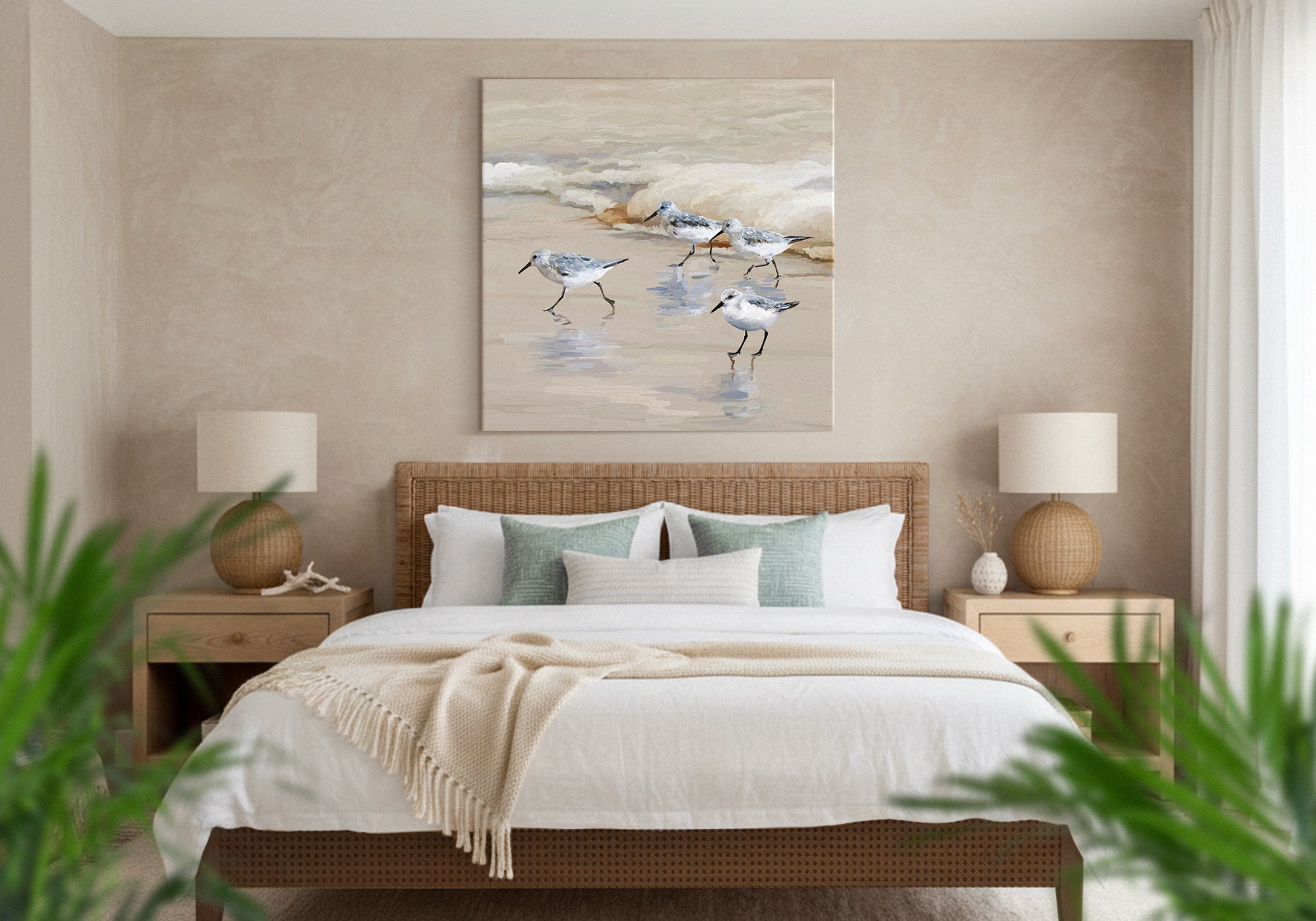 Coastal calm guest bedroom with a quiet seascape above the bed