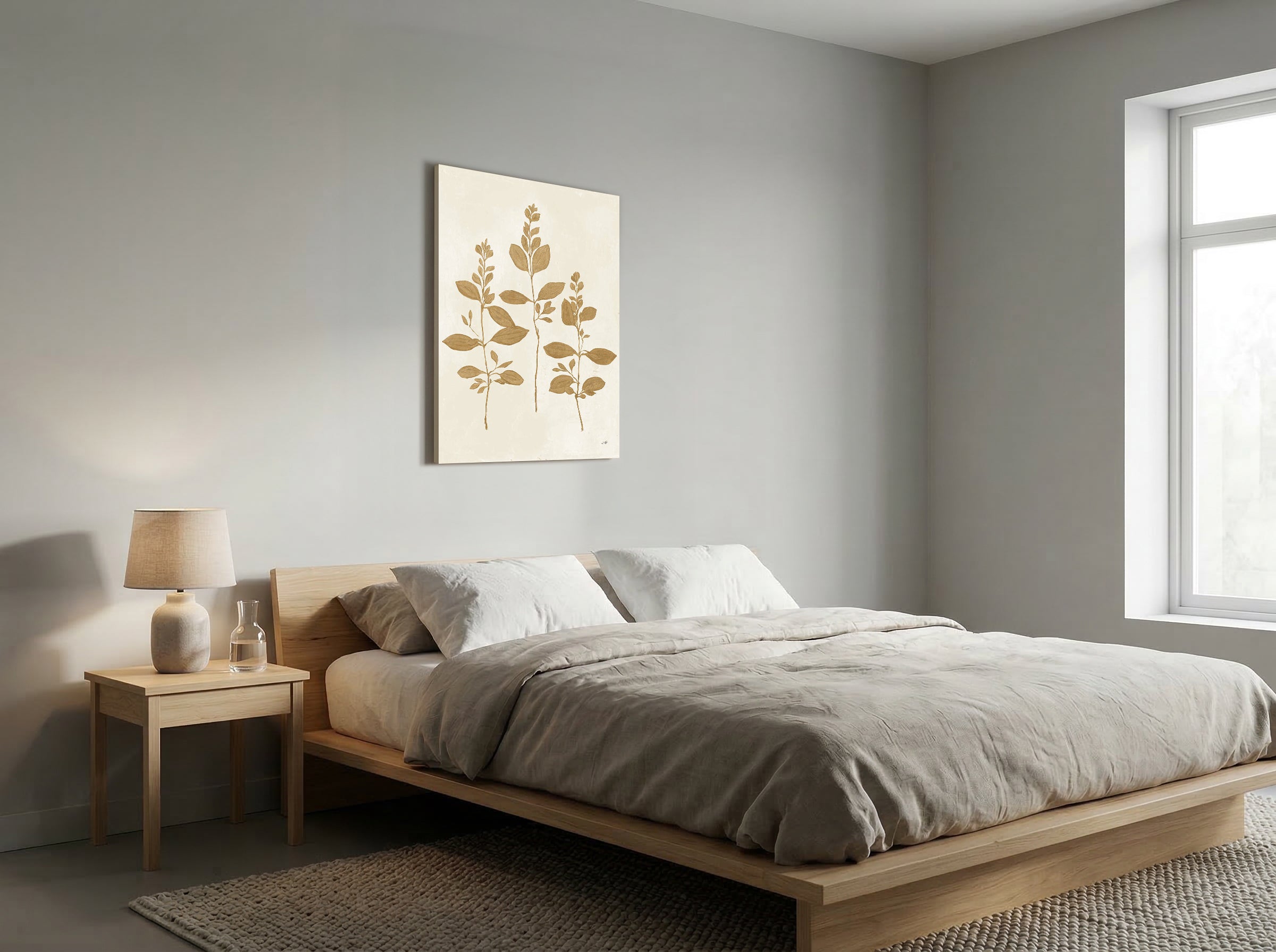 Simple minimalist guest bedroom with a single intentional canvas above the bed