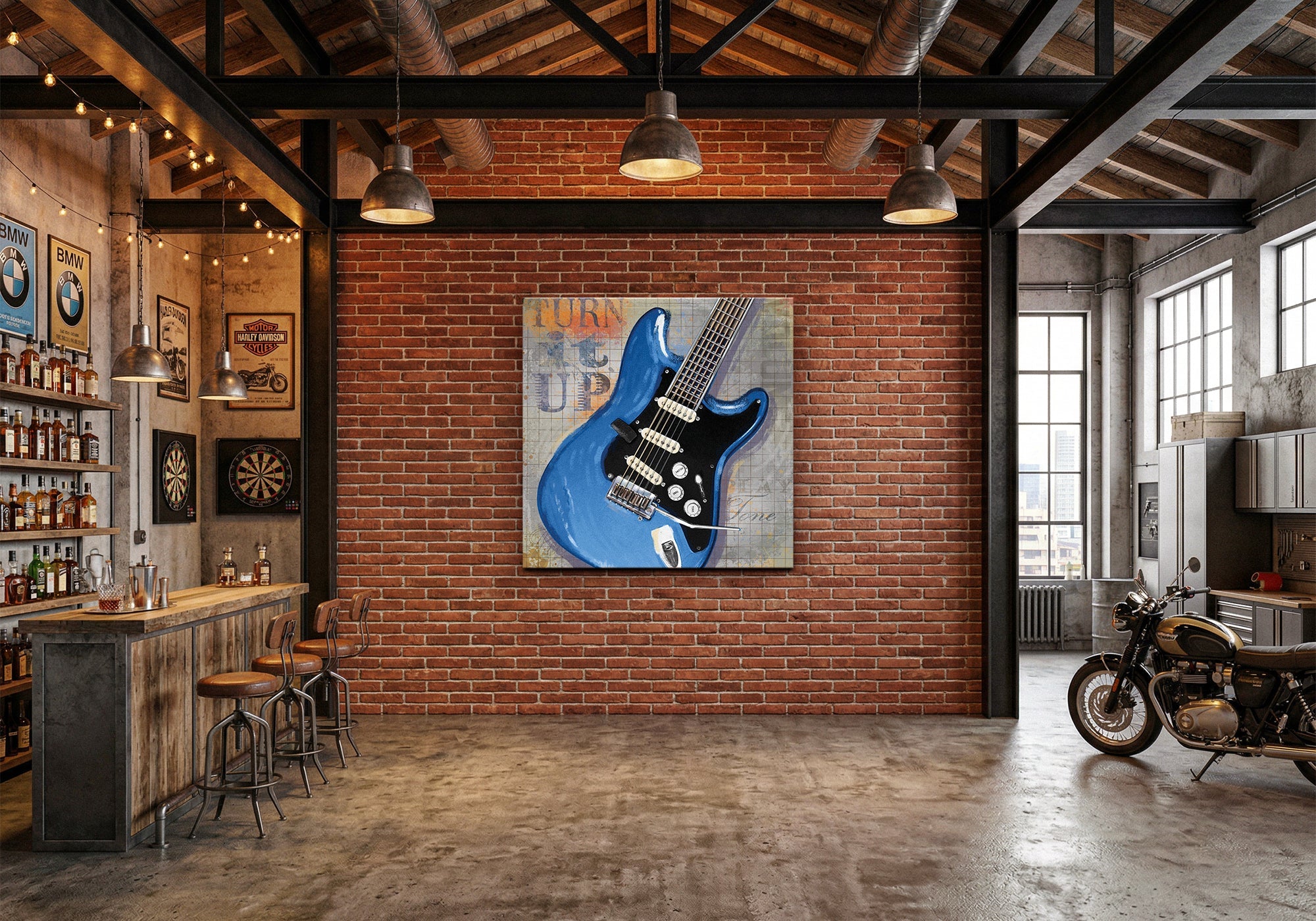 Industrial style wall art for man cave — urban loft atmosphere with canvas prints