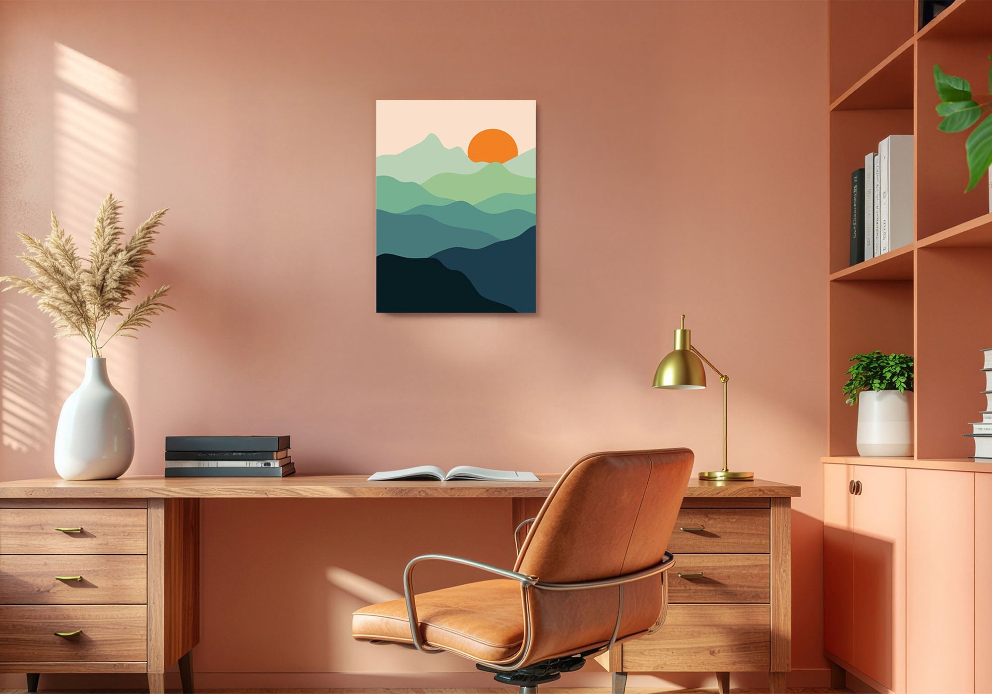 Mid-Century Workspace wall art - warm-toned canvas with organic and geometric forms