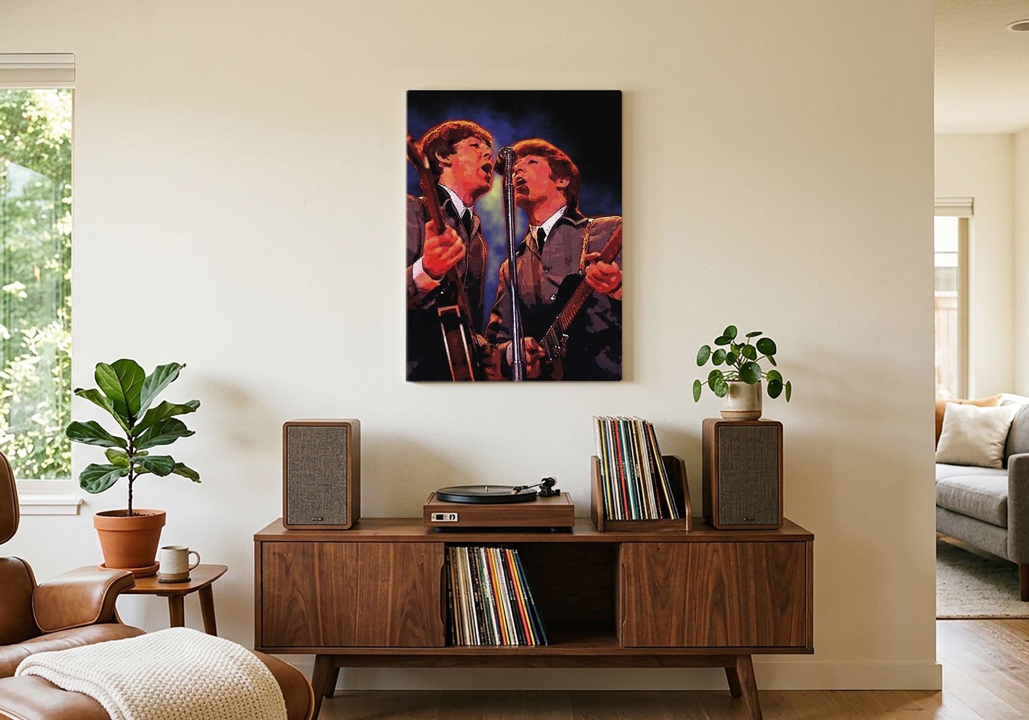 Music icons wall art for man cave — listening lounge styled with canvas prints