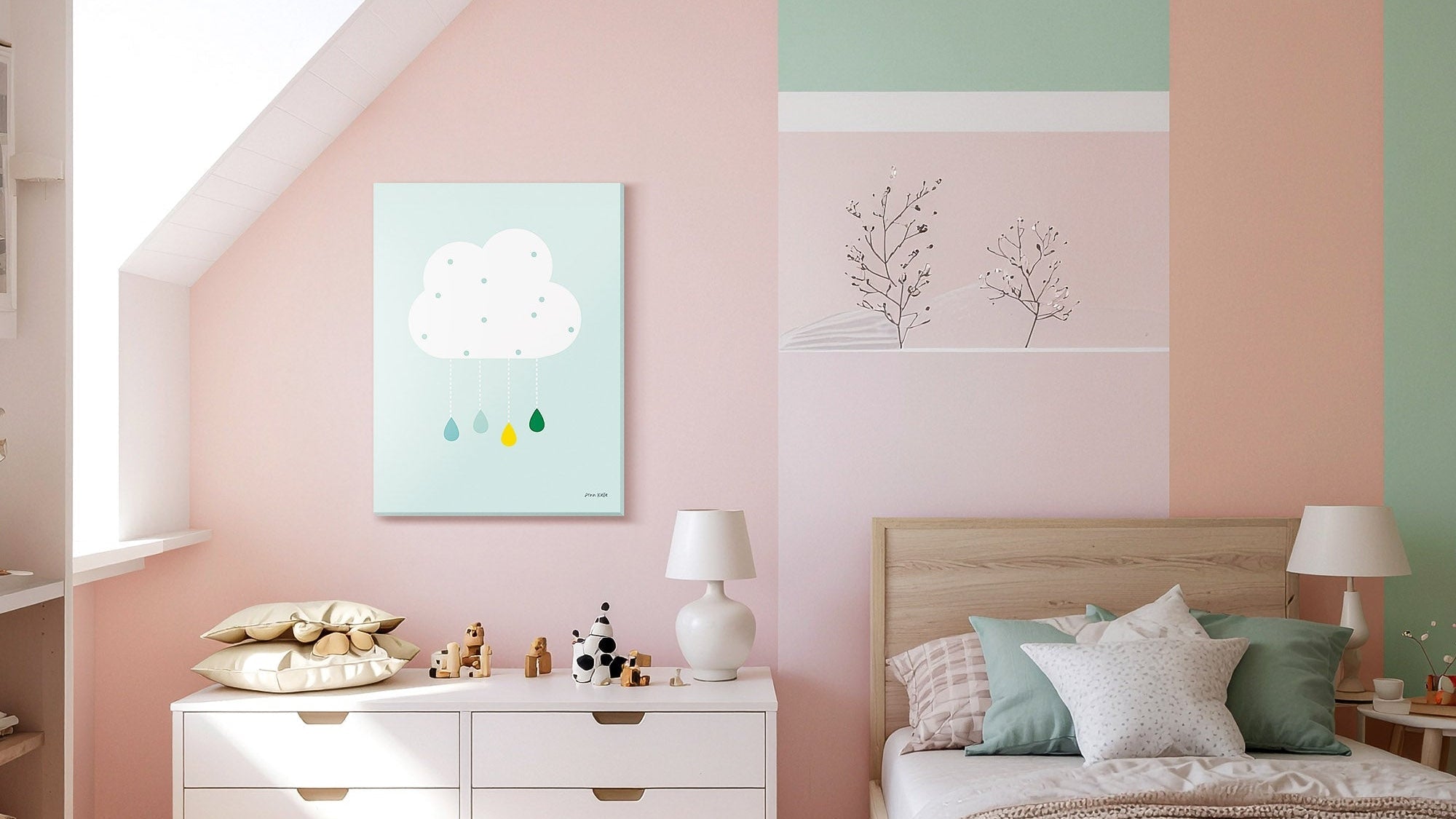 Gentle, calming pastel nursery wall art styled in a child's room, from Fine Art Canvas