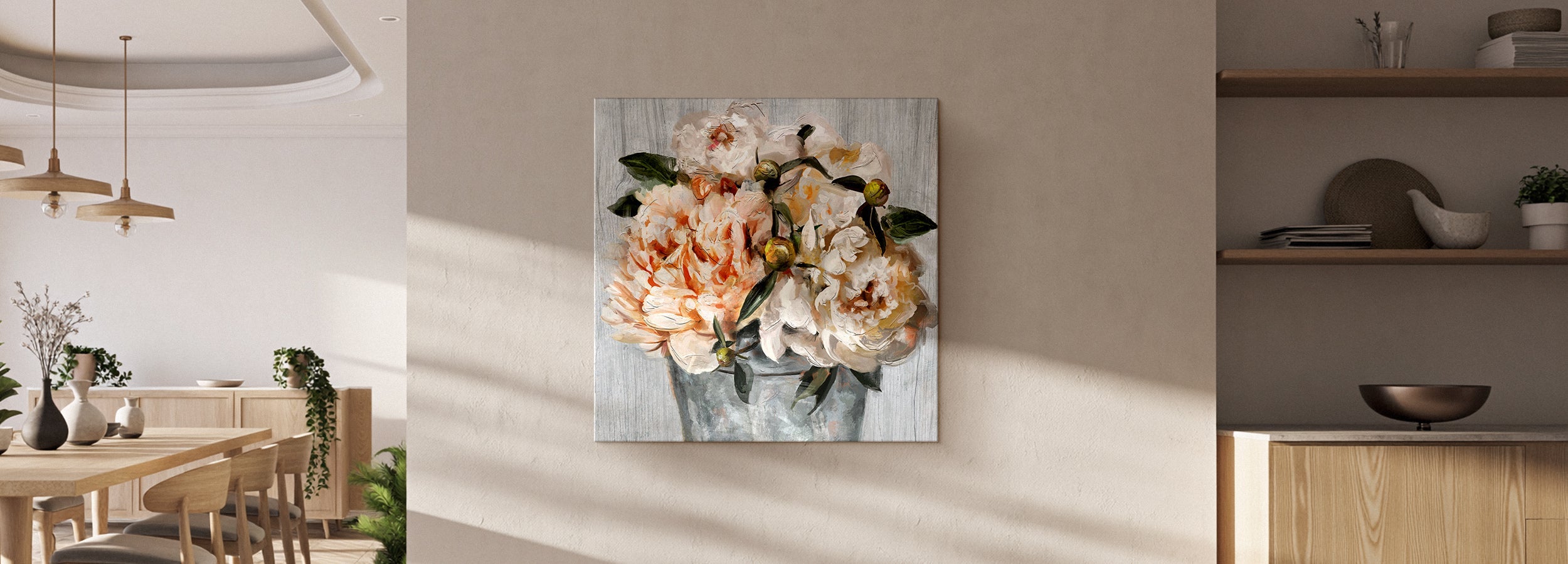 Modern farmhouse art styled in a warm dining room, from Fine Art Canvas