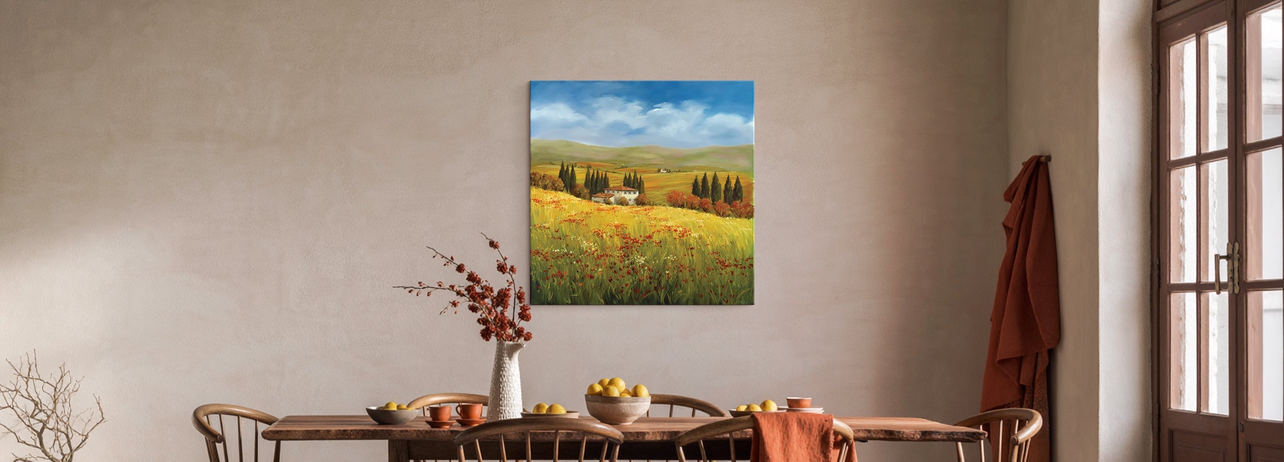Italian countryside art styled in a dining room, from Fine Art Canvas