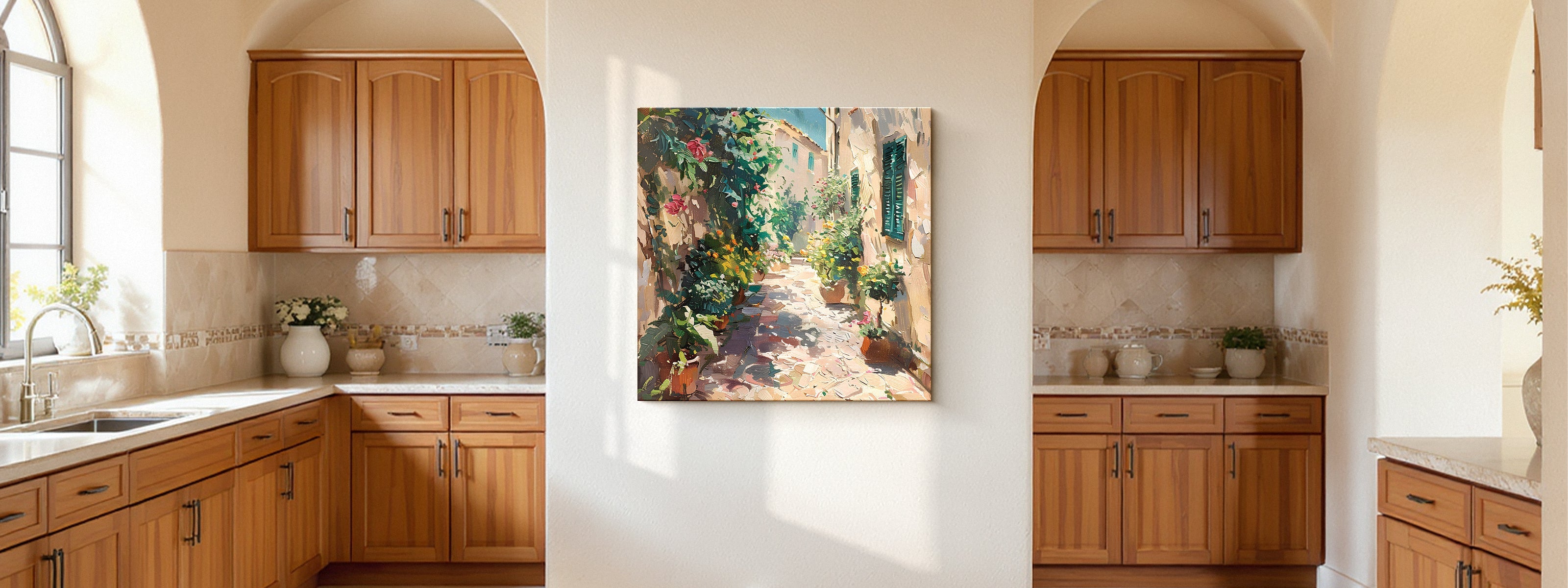 Kitchen wall art guide - a bright kitchen with framed artwork on the wall