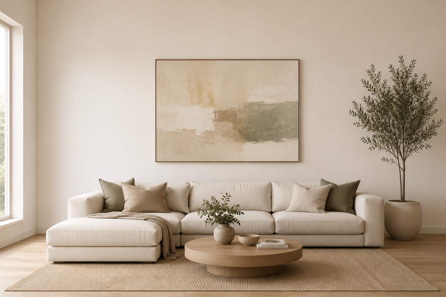 A styled living room interior representing the Fine Art Canvas Wall Art Size Guide