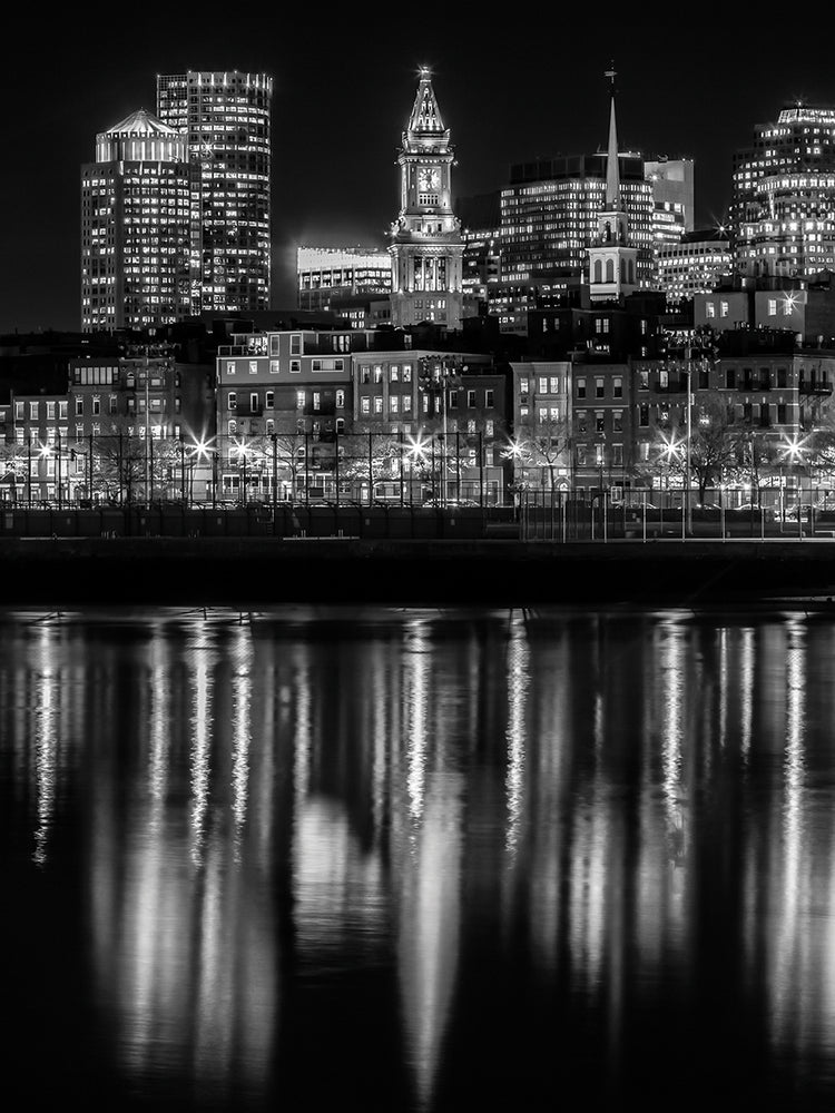 BOSTON Monochrome Evening Skyline of North End & Financial District