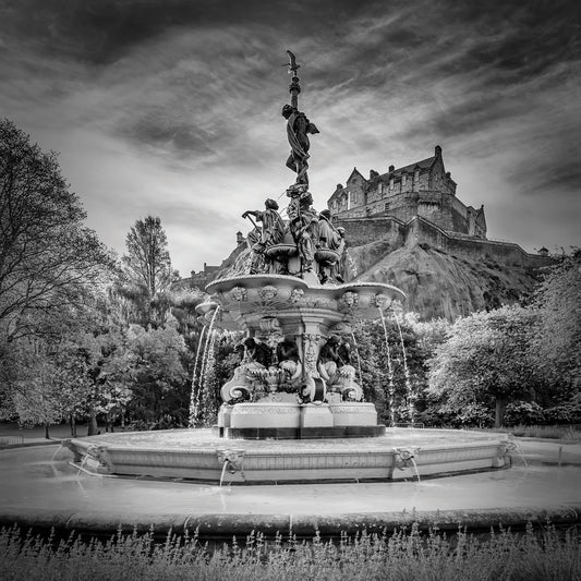Ross Fountain and Edinburgh Castle - Monochrome