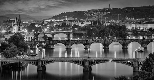 Evening view over the Vltava bridges in Prague - Monochrome Panorama