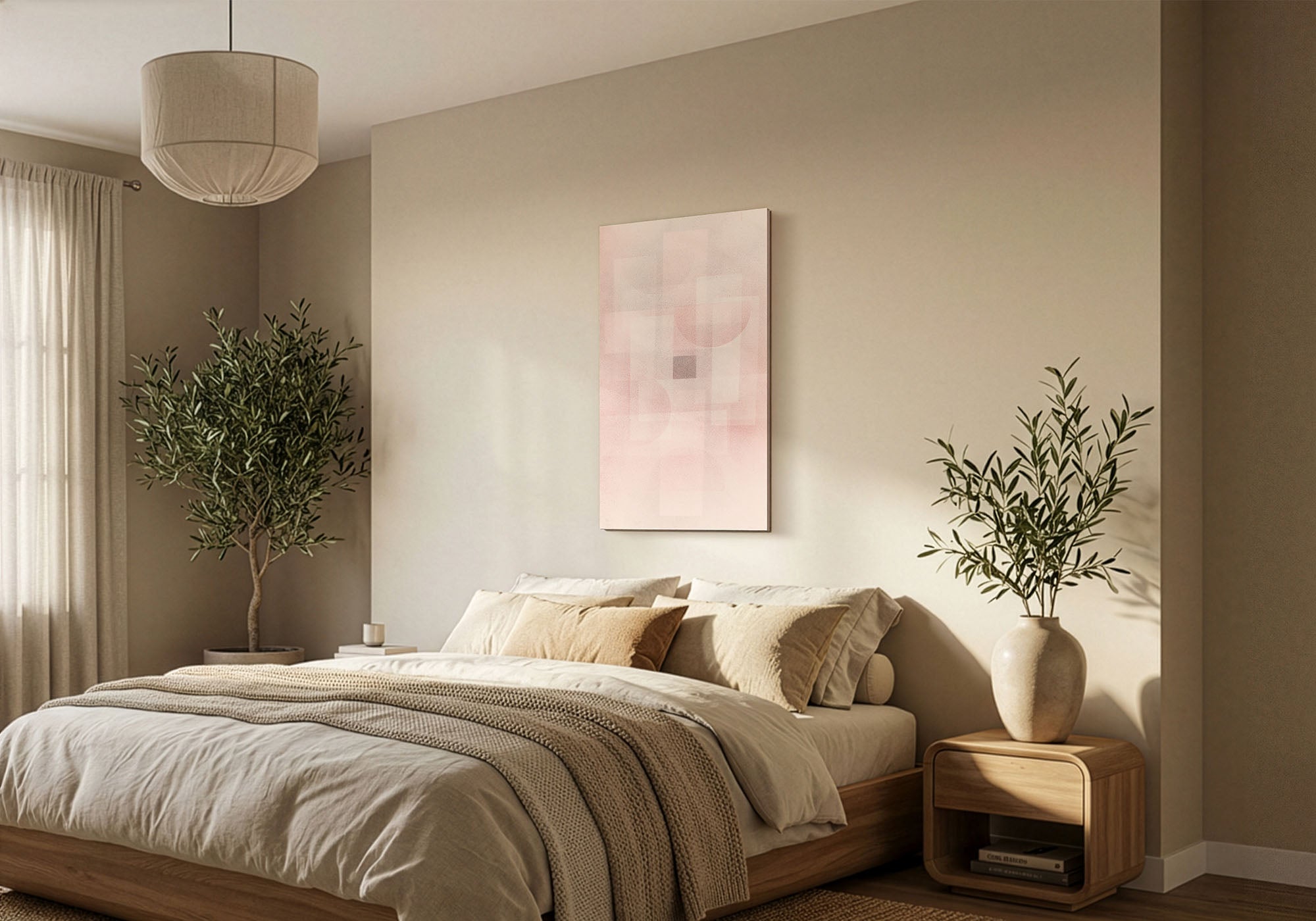 Bedroom with calming neutral wall art above the bed — soft beige and natural tones in a serene, understated room