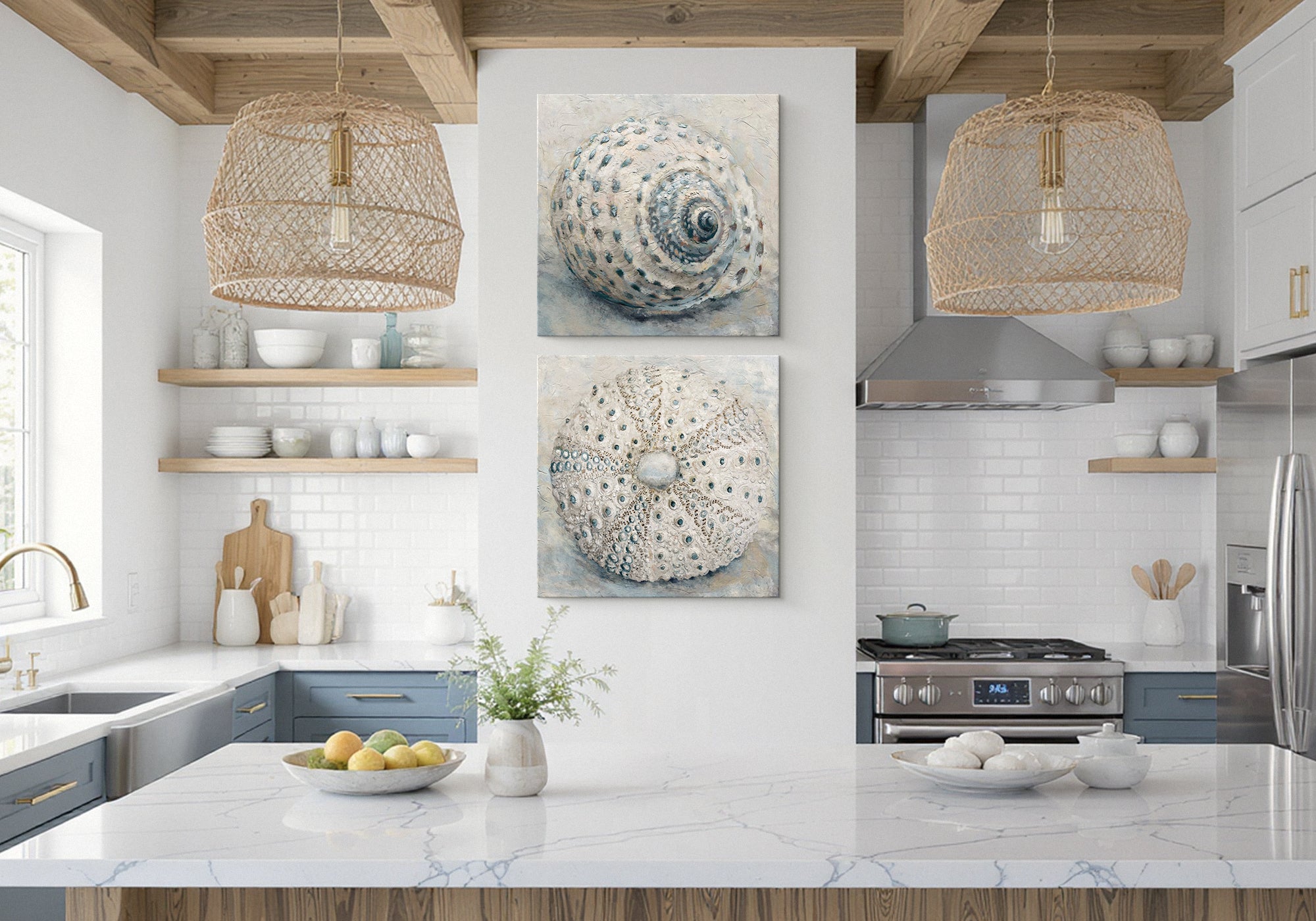 Coastal and nautical wall art styled in a kitchen — soft water tones and maritime calm for a bright, breezy space
