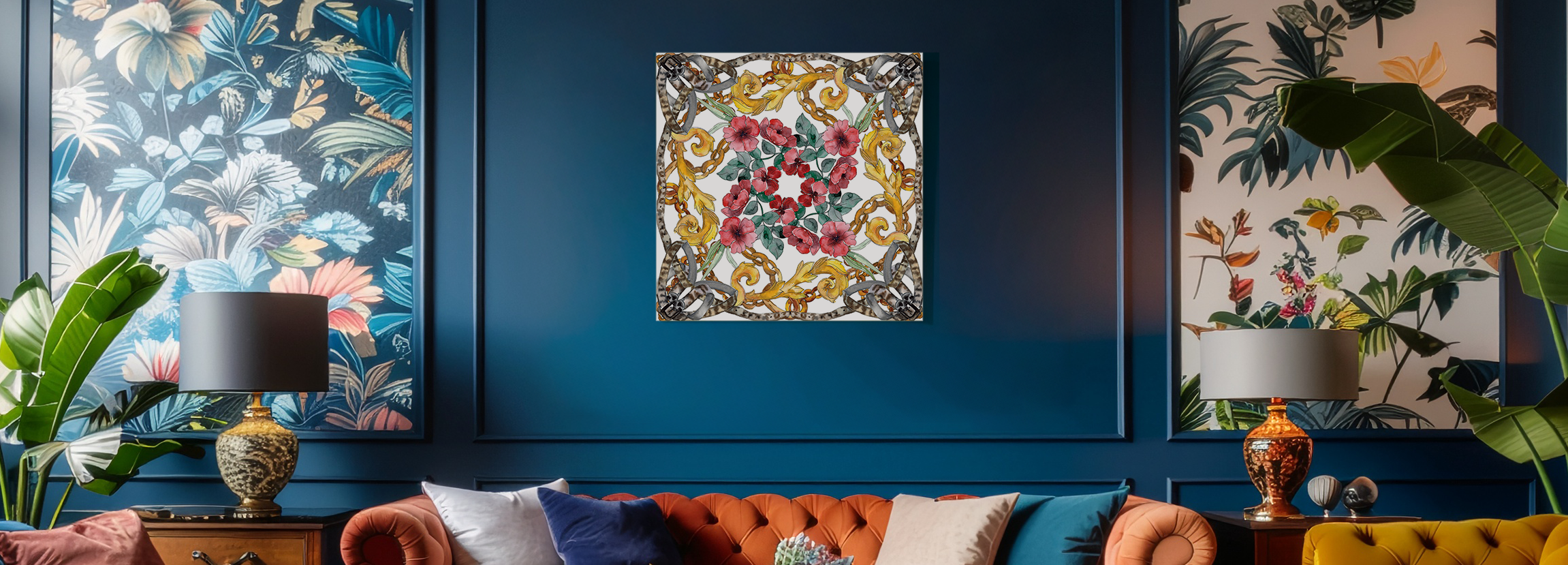 Maximalist living room with richly layered colorful canvas art and bold pattern