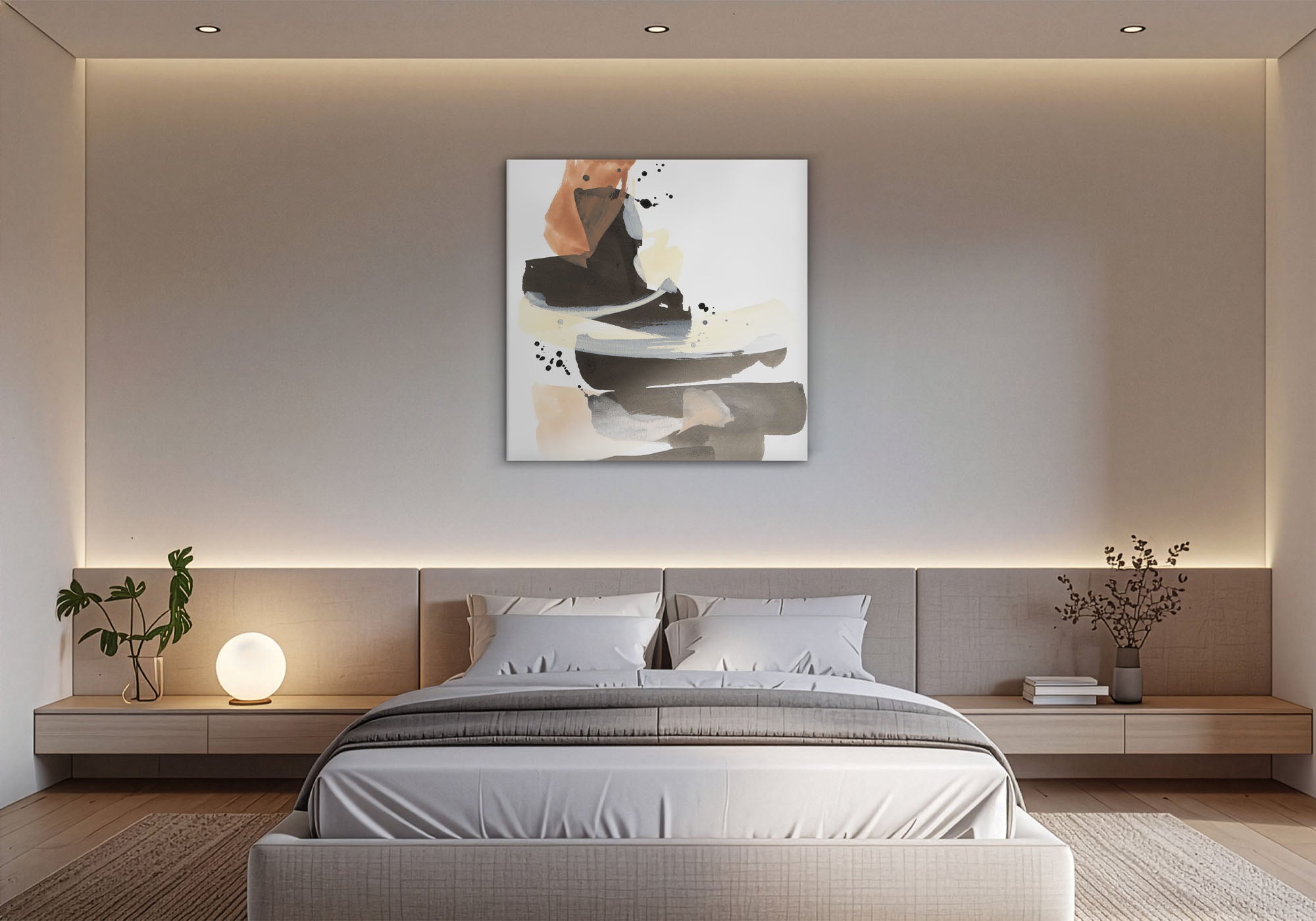 Cozy minimalist bedroom with simple canvas wall art — warm neutral tones and uncluttered composition above the bed