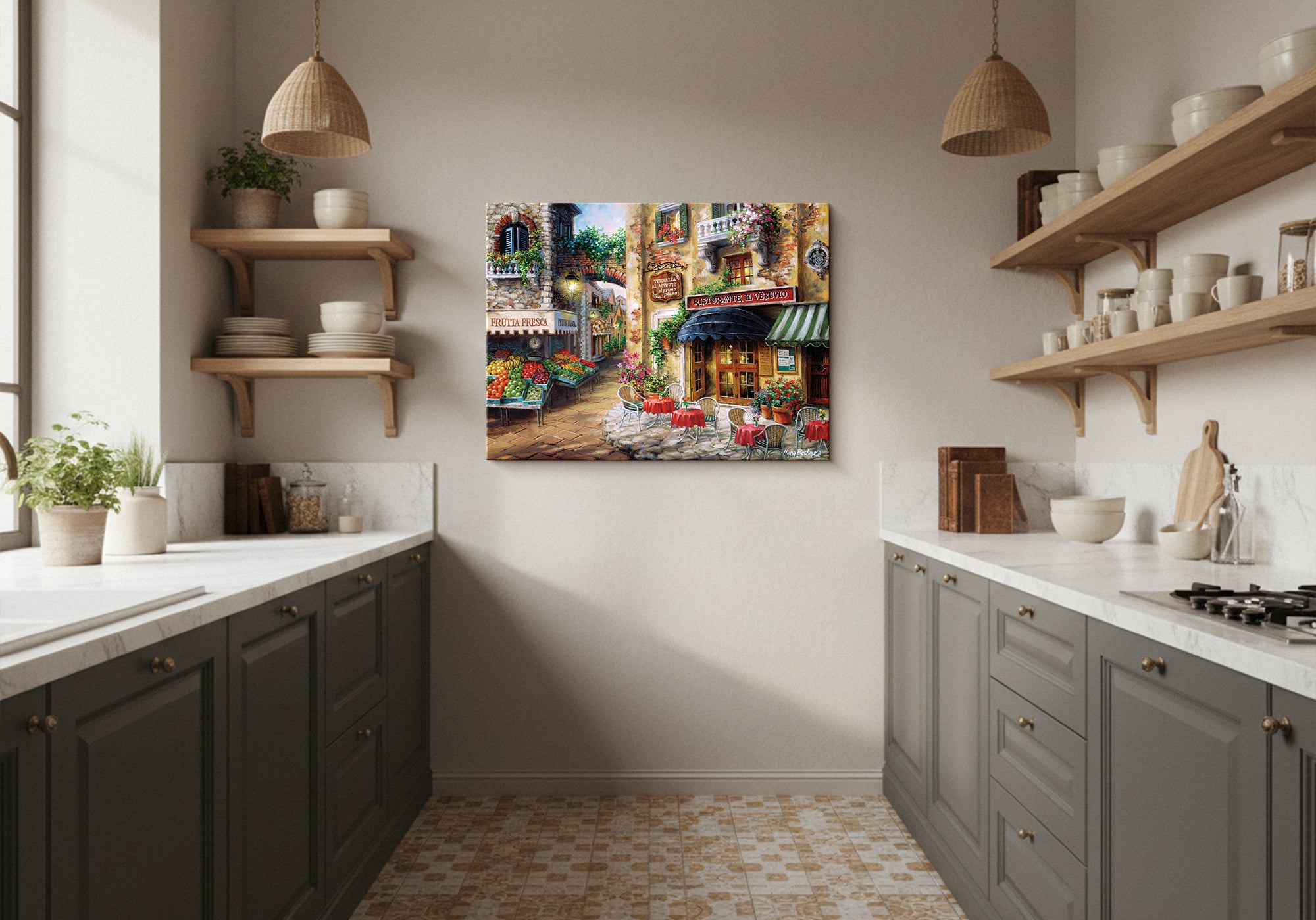 European-style bathroom with refined, sun-filled wall art — Fine Art Canvas