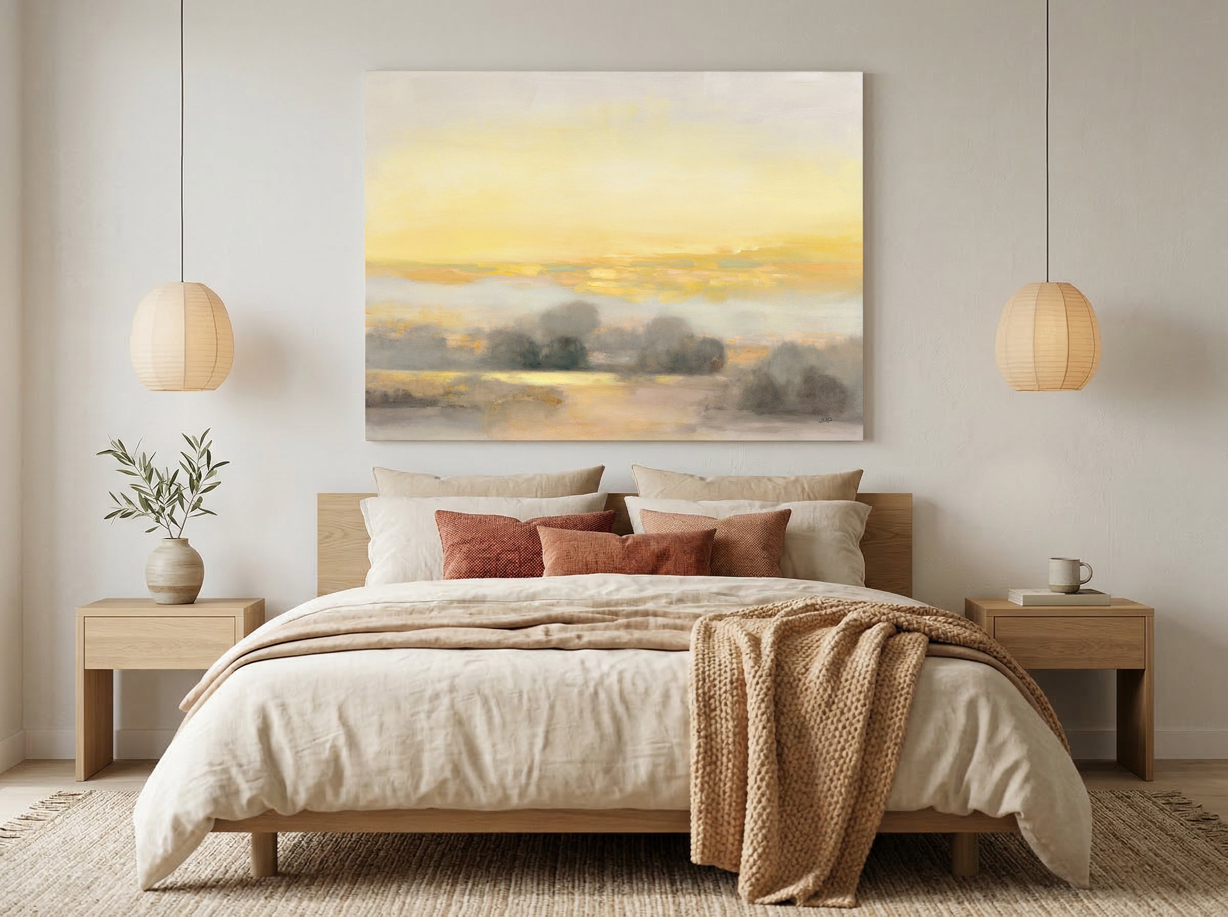 Guest bedroom wall art - calm, welcoming canvas art above a made guest bed