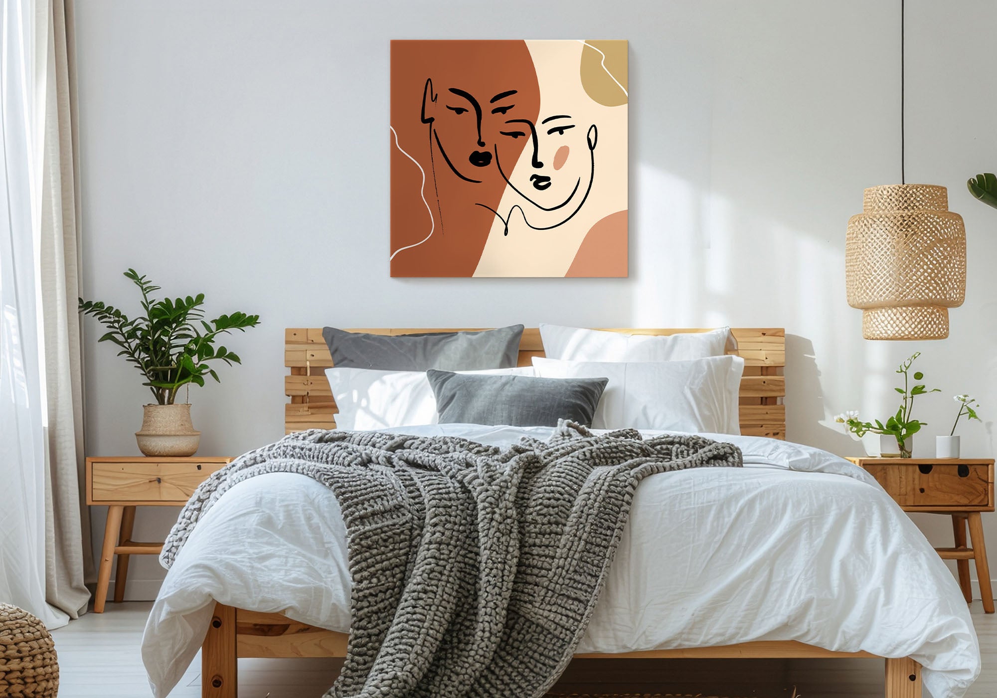 Hygge-style bedroom with soft Nordic-inspired wall art — warm light, natural textures, and a peaceful Scandinavian mood