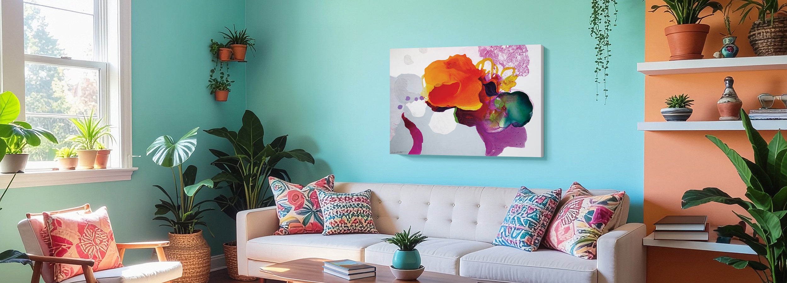Dopamine décor living room with vibrant colorful canvas art and playful energy