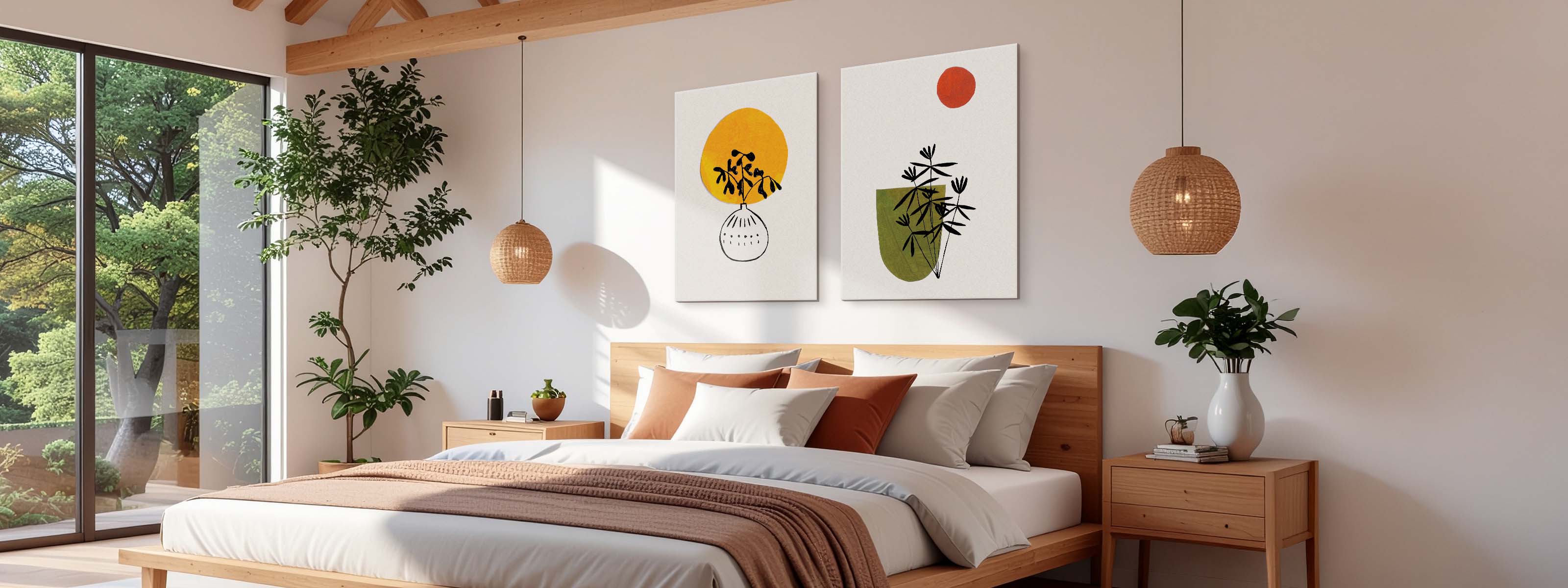 Bedroom wall art — a calm canvas piece above the bed in a styled bedroom setting