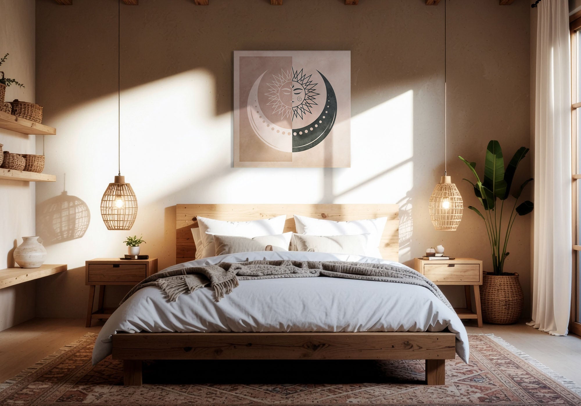 Modern boho bedroom with earthy canvas wall art — organic shapes and warm tones giving the room a free-spirited, relaxed character