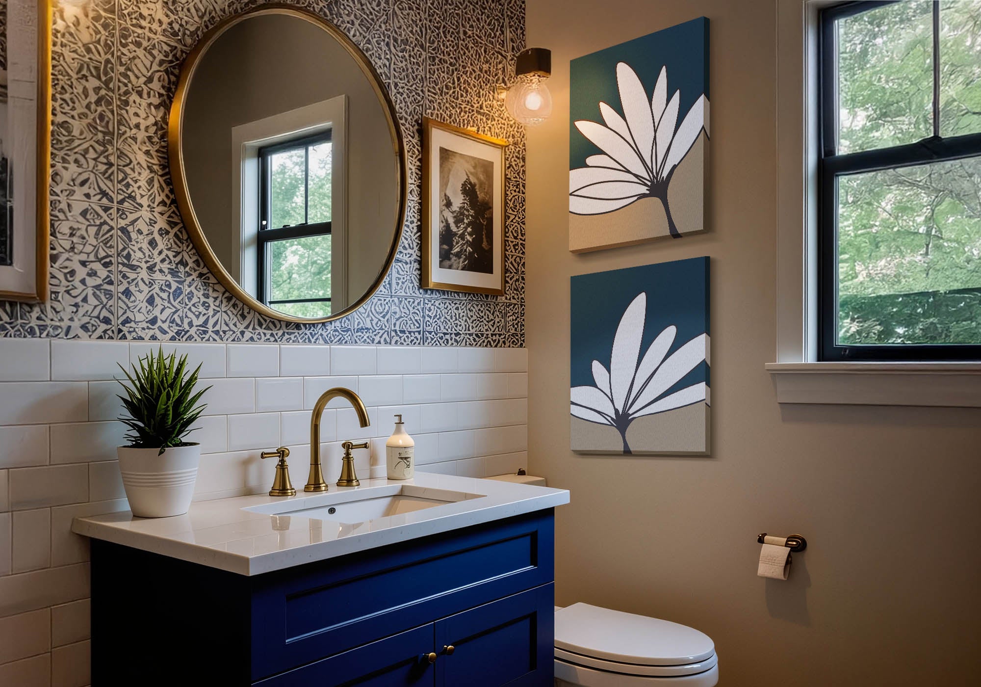 Playful bathroom with bright, colorful wall art — Fine Art Canvas