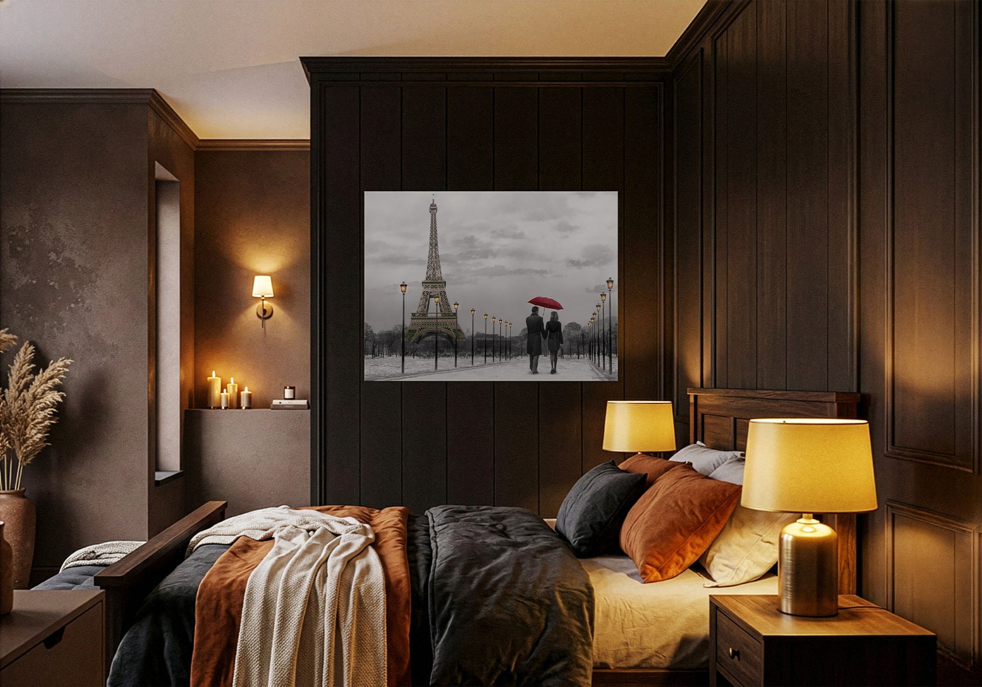 Bedroom with romantic wall art — dreamy palette and softly expressive canvas in a warm, intimate room setting