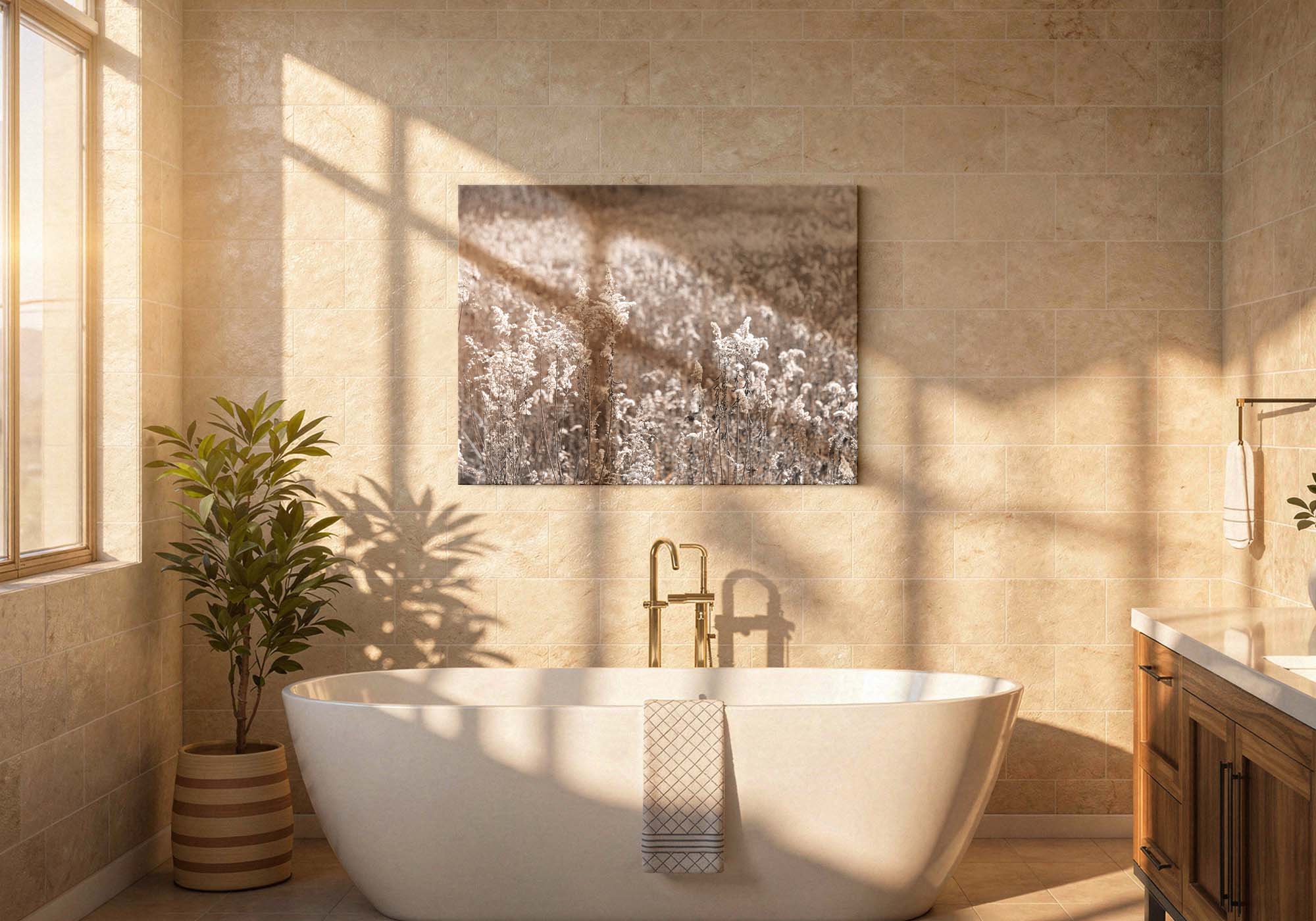 Spa-style bathroom with calm, neutral wall art — Fine Art Canvas