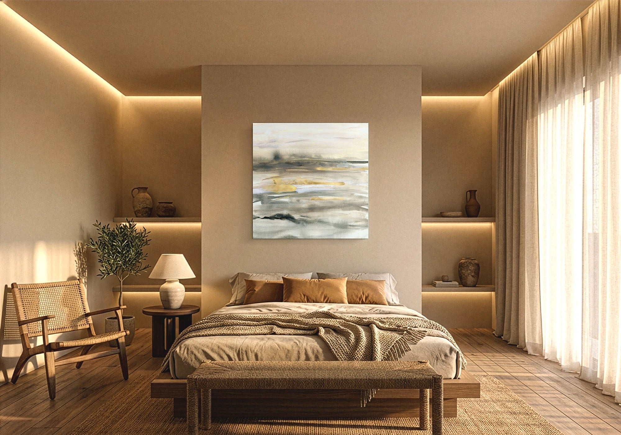 Bedroom with spiritual and reflective wall art — calm, contemplative canvas creating a quiet, meaningful presence in the room