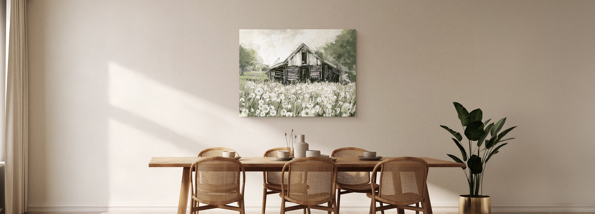 Dining room wall art — a styled dining space with canvas art creating atmosphere over the table