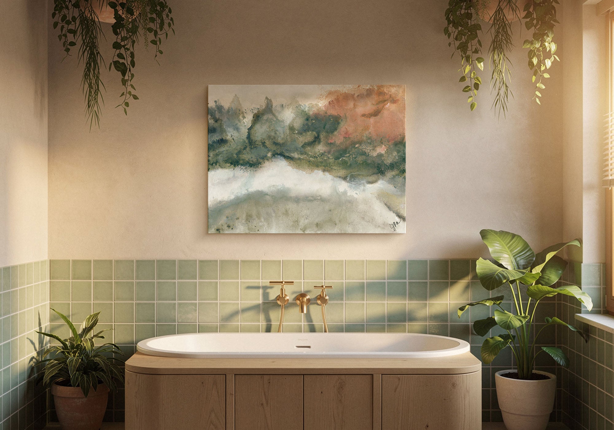 Tranquil bathroom with calming landscape wall art — Fine Art Canvas