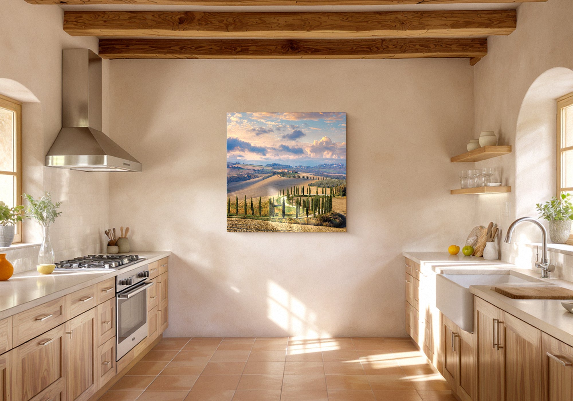Tuscan charm wall art in a kitchen — golden-hour countryside light bringing warmth to a kitchen built around slow living