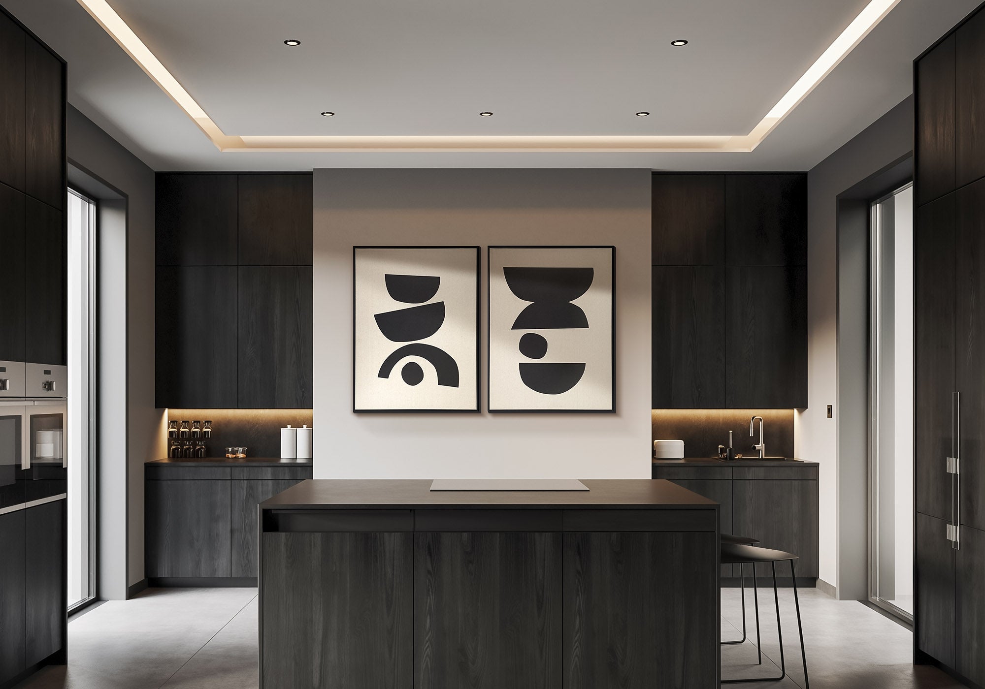 Clean contemporary wall art styled in a kitchen — calm abstracts with clean lines that complement modern cabinetry